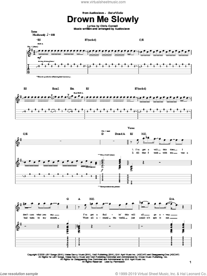 Drown Me Slowly sheet music for guitar (tablature) by Audioslave and Chris Cornell, intermediate skill level