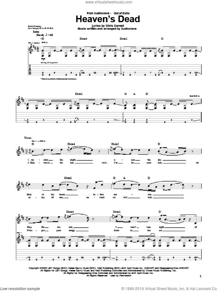 Heaven's Dead sheet music for guitar (tablature) by Audioslave and Chris Cornell, intermediate skill level