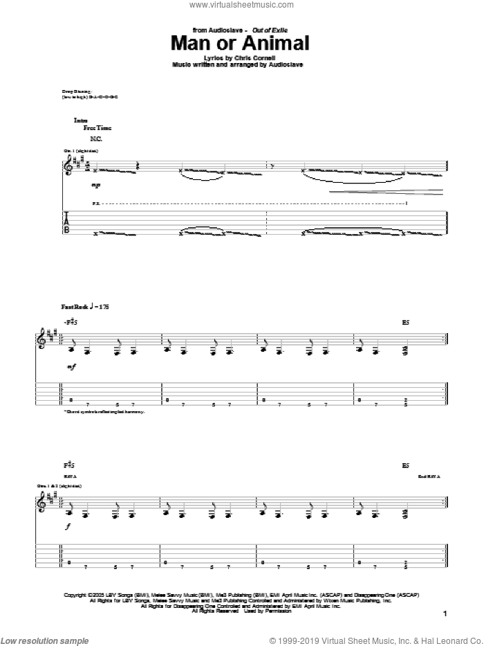 Man Or Animal sheet music for guitar (tablature) by Audioslave and Chris Cornell, intermediate skill level