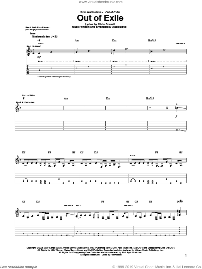 Out Of Exile sheet music for guitar (tablature) by Audioslave and Chris Cornell, intermediate skill level