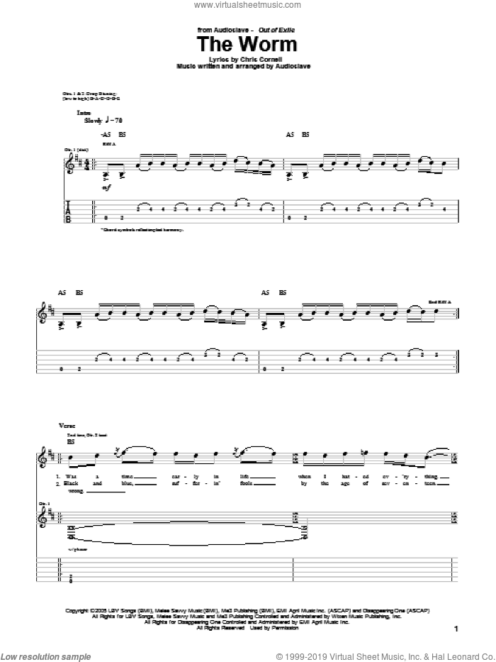 The Worm sheet music for guitar (tablature) by Audioslave and Chris Cornell, intermediate skill level