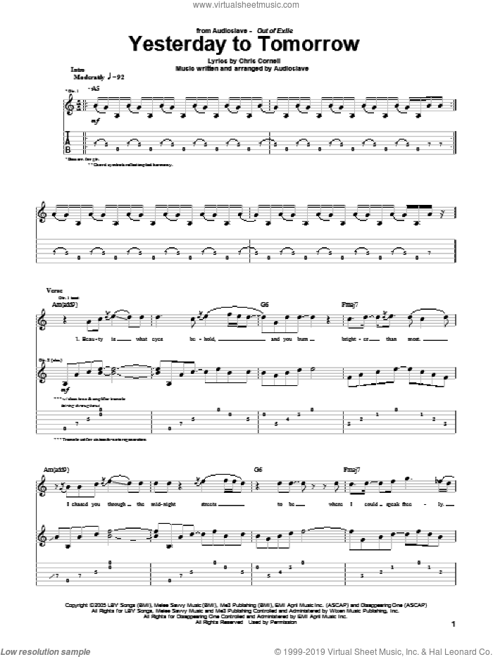 Yesterday To Tomorrow sheet music for guitar (tablature) by Audioslave and Chris Cornell, intermediate skill level