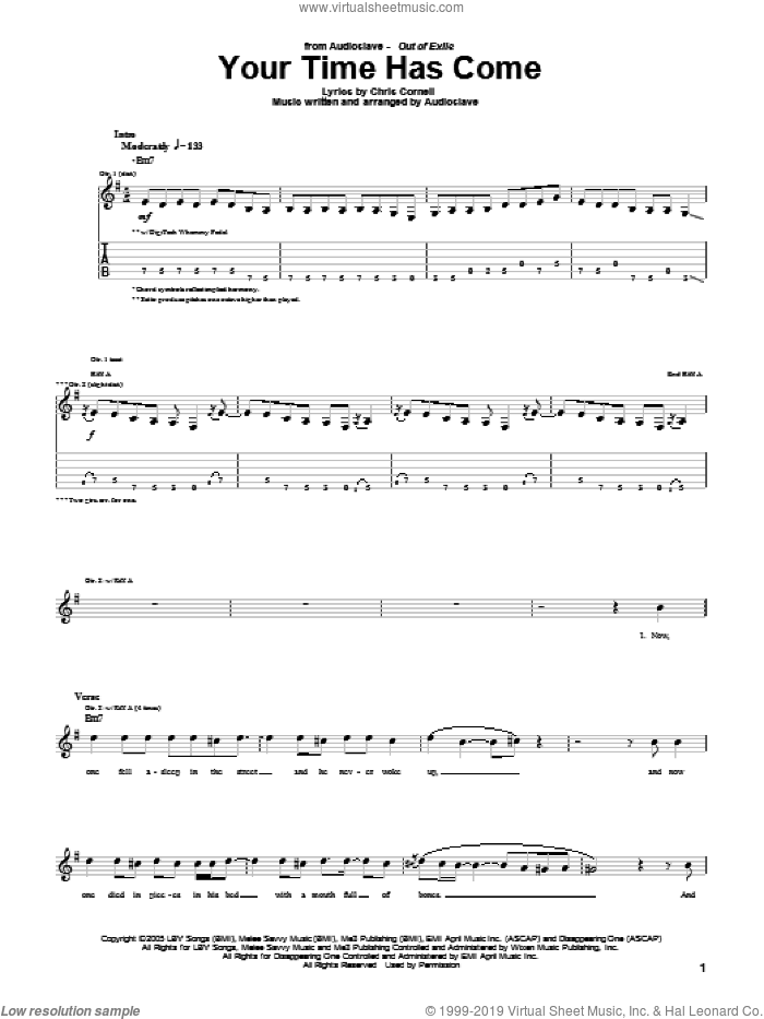 Your Time Has Come sheet music for guitar (tablature) by Audioslave and Chris Cornell, intermediate skill level
