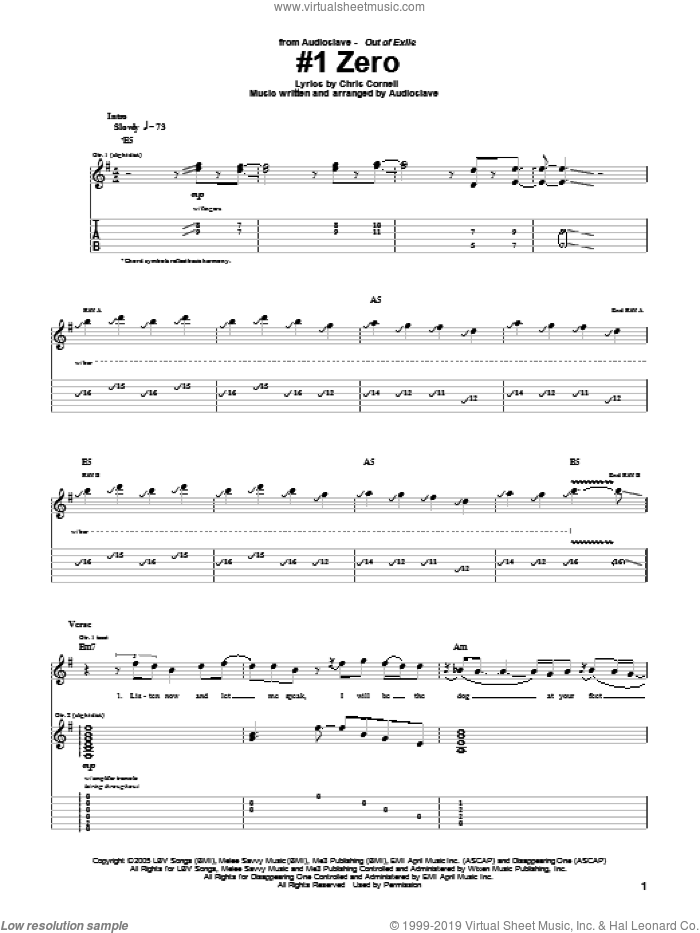 #1 Zero sheet music for guitar (tablature) by Audioslave and Chris Cornell, intermediate skill level