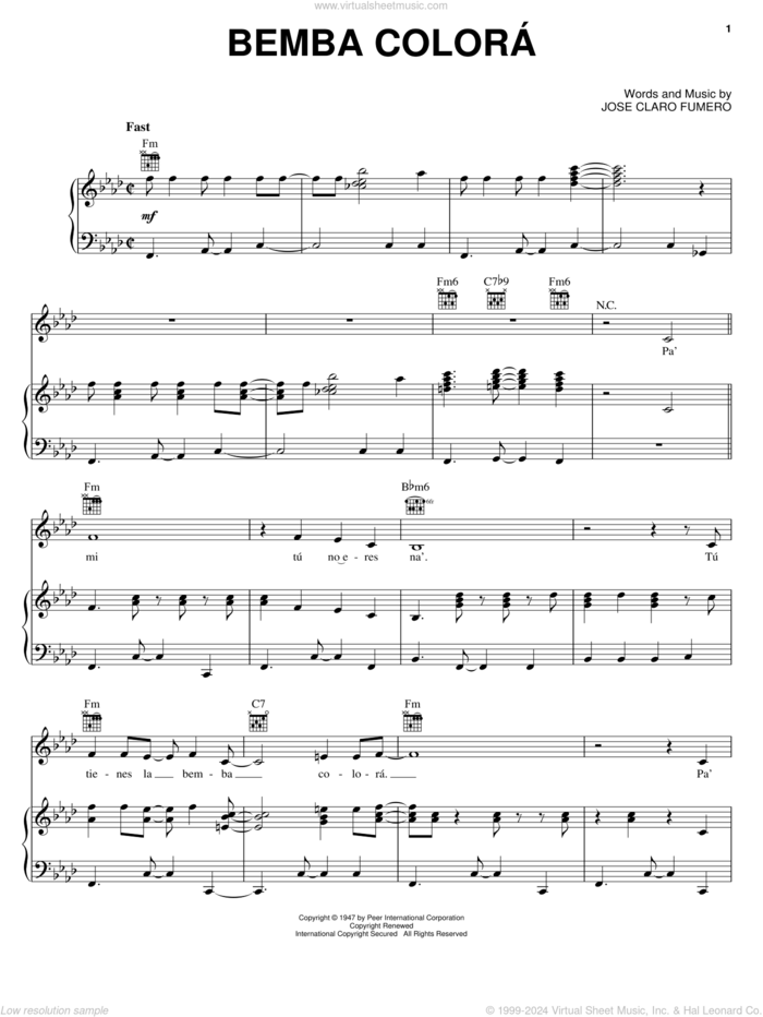 Bemba Colora sheet music for voice, piano or guitar by Celia Cruz and Jose Claro Fumero, intermediate skill level