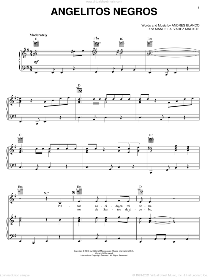 Angelitos Negros sheet music for voice, piano or guitar by Celia Cruz, Andres Blanco and Manuel Alvarez Maciste, intermediate skill level