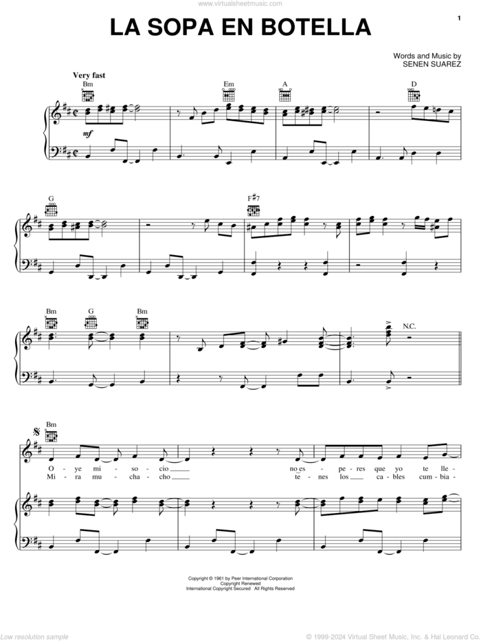 La Sopa En Botella sheet music for voice, piano or guitar by Celia Cruz and Senen Suarez, intermediate skill level