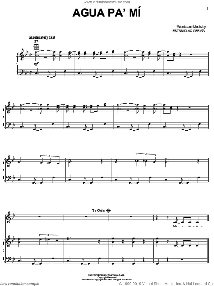 Agua Pa' Mi sheet music for voice, piano or guitar by Celia Cruz and Estanislao Servia, intermediate skill level