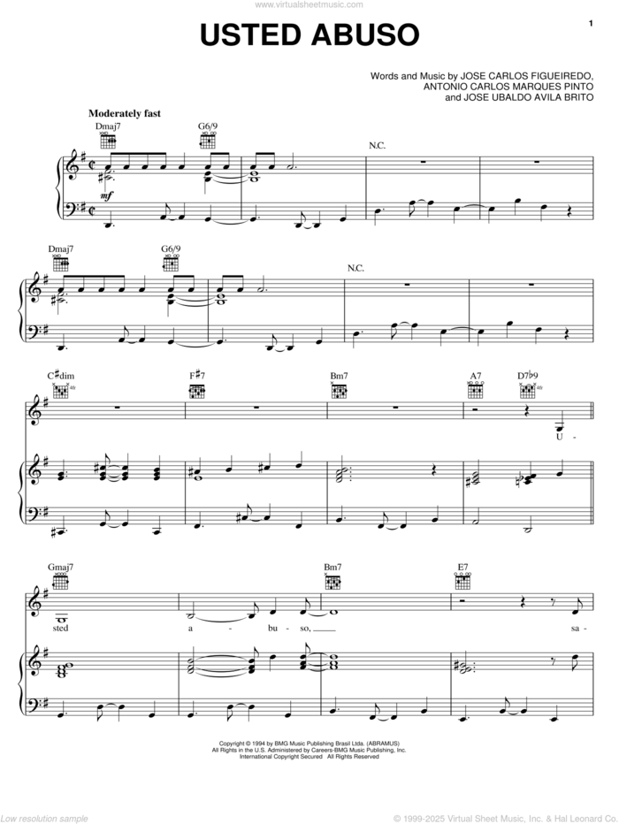 Usted Abuso sheet music for voice, piano or guitar by Celia Cruz, Antonio Carlos Marques Pinto, Jose Carlos Figueiredo and Jose Ubaldo Avila Brito, intermediate skill level