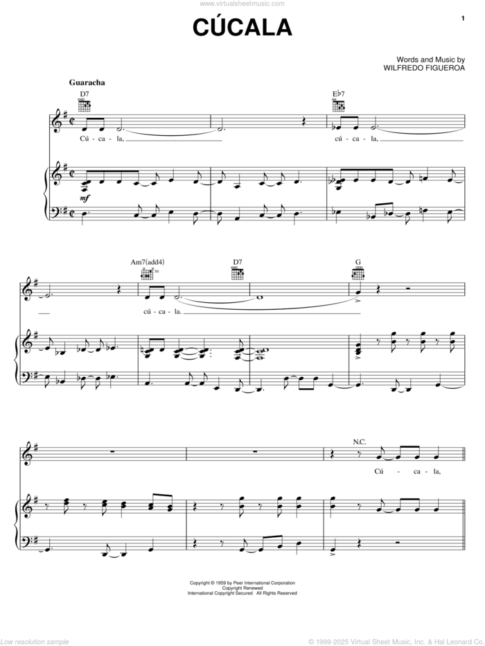 Cucala sheet music for voice, piano or guitar by Celia Cruz and Wilfredo Figueroa, intermediate skill level