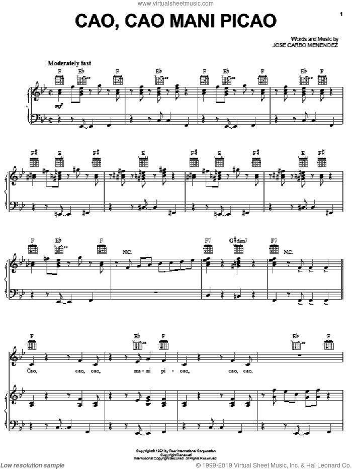 Cao, Cao Mani Picao sheet music for voice, piano or guitar by Celia Cruz and Jose Carbo Menendez, intermediate skill level