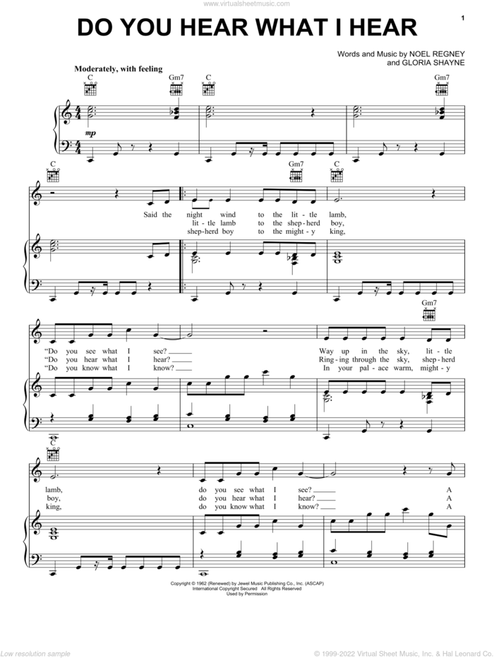 Do You Hear What I Hear sheet music for voice, piano or guitar by Gloria Shayne and Noel Regney, intermediate skill level