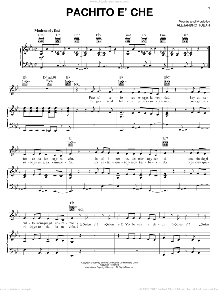Pachito e' Che sheet music for voice, piano or guitar by Celia Cruz and Alejandro Tobar, intermediate skill level