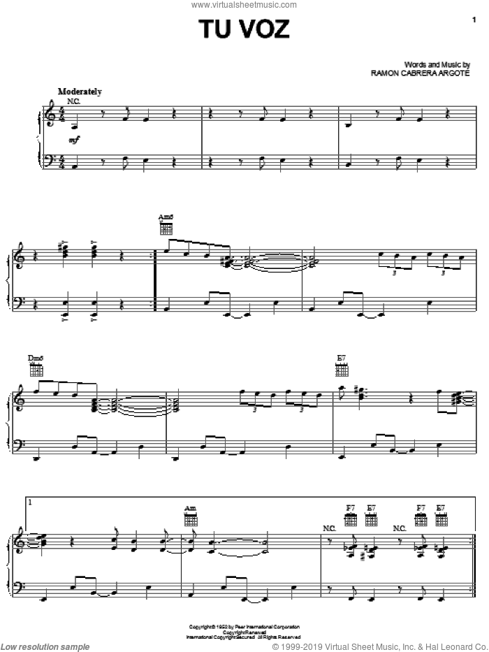 Tu Voz sheet music for voice, piano or guitar by Celia Cruz and Ramon Cabrera Argote, intermediate skill level