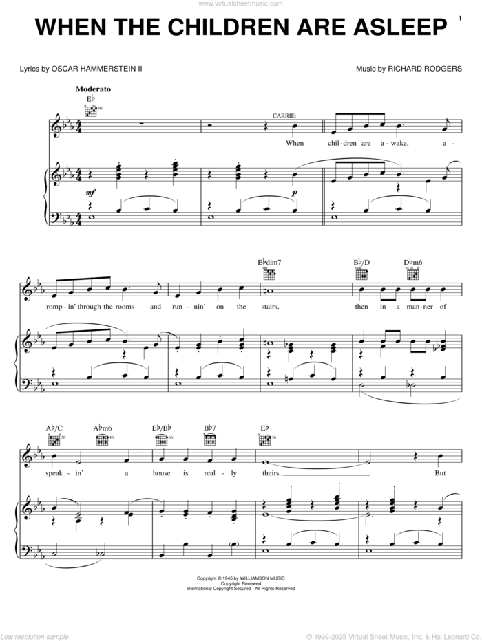 When The Children Are Asleep (from Carousel) sheet music for voice, piano or guitar by Rodgers & Hammerstein, Carousel (Musical), Oscar II Hammerstein and Richard Rodgers, intermediate skill level