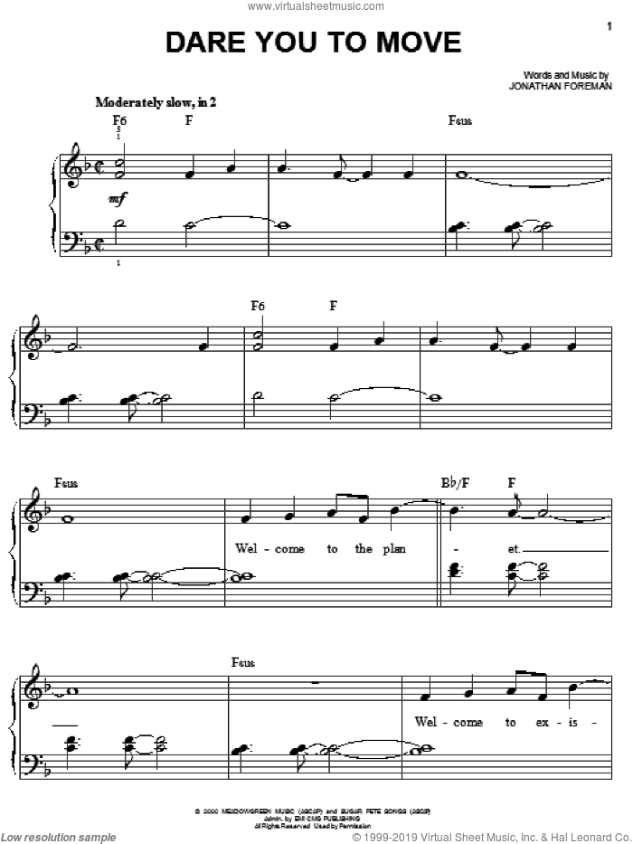 Dare You To Move sheet music for piano solo by Switchfoot and Jonathan Foreman, easy skill level