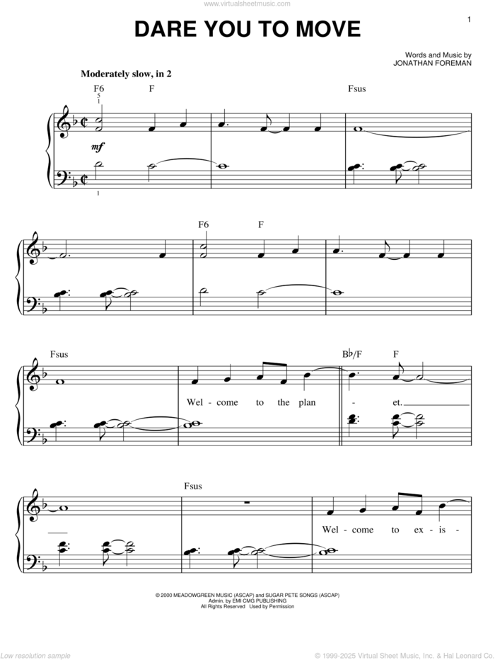 Dare You To Move sheet music for piano solo by Switchfoot and Jonathan Foreman, easy skill level