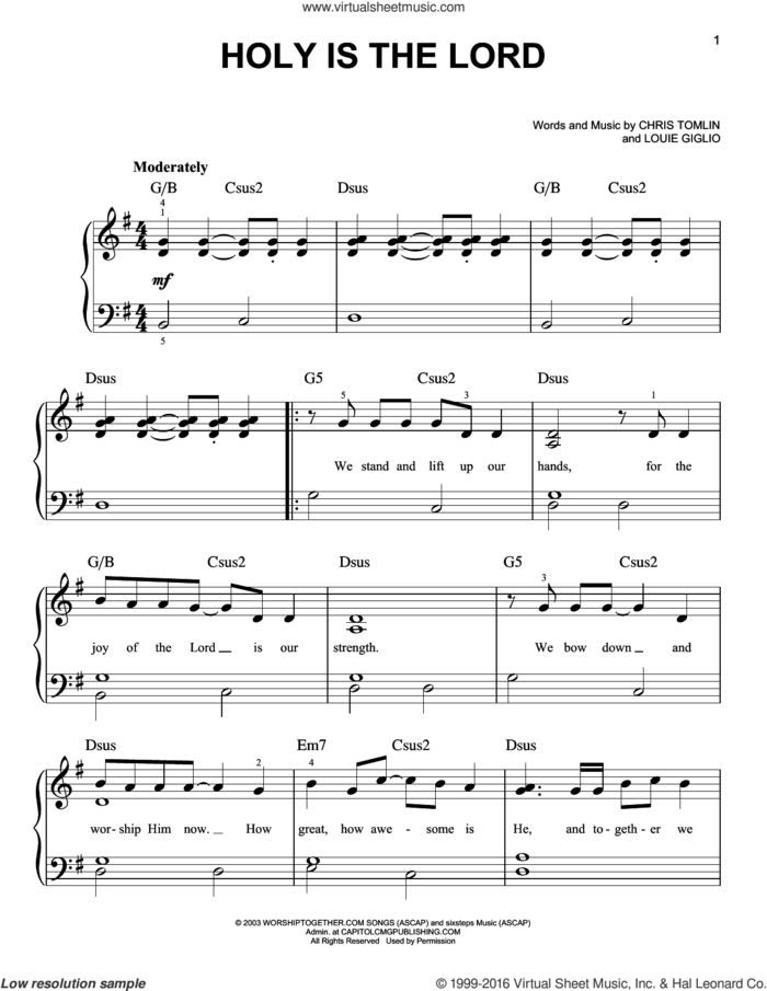 Holy Is The Lord, (easy) sheet music for piano solo by Chris Tomlin, Bethany Dillon and Louie Giglio, easy skill level
