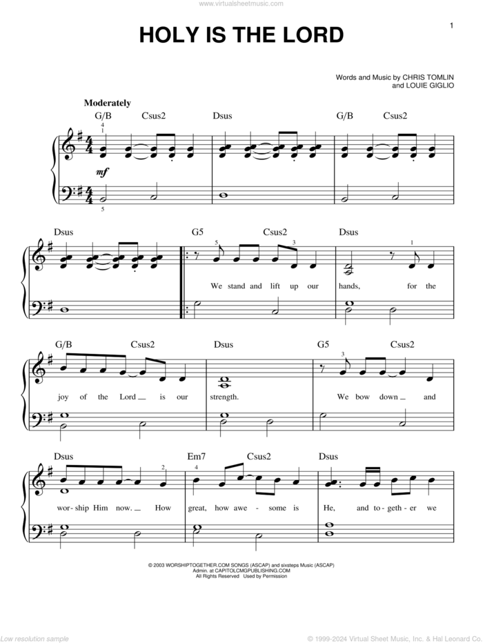 Holy Is The Lord, (easy) sheet music for piano solo by Chris Tomlin, Bethany Dillon and Louie Giglio, easy skill level