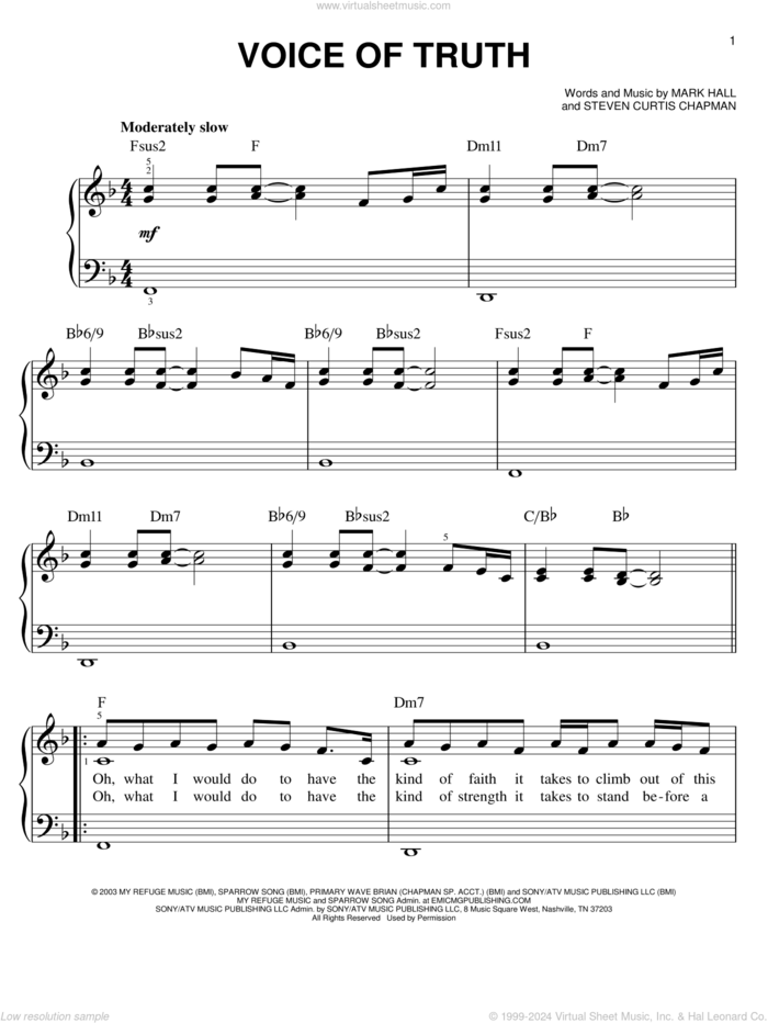 Voice Of Truth, (easy) sheet music for piano solo by Casting Crowns, Mark Hall and Steven Curtis Chapman, easy skill level