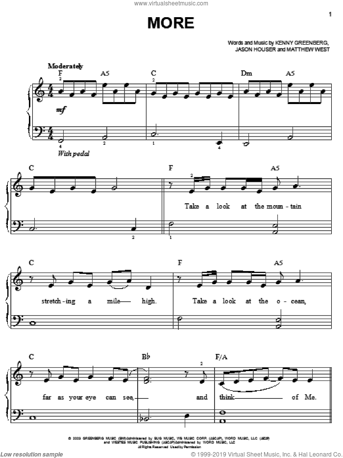More sheet music for piano solo by Matthew West, Jason Houser and Kenny Greenberg, easy skill level