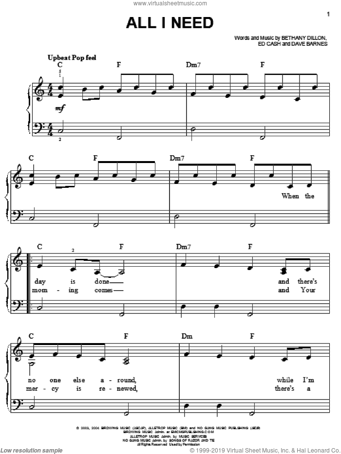 All I Need sheet music for piano solo by Bethany Dillon, Dave Barnes and Ed Cash, easy skill level