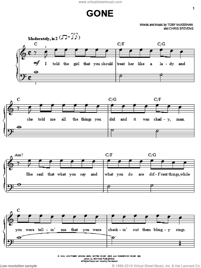 Gone sheet music for piano solo by tobyMac, Chris Stevens and Toby McKeehan, easy skill level