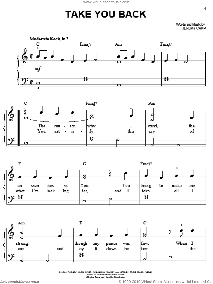 Take You Back sheet music for piano solo by Jeremy Camp, easy skill level