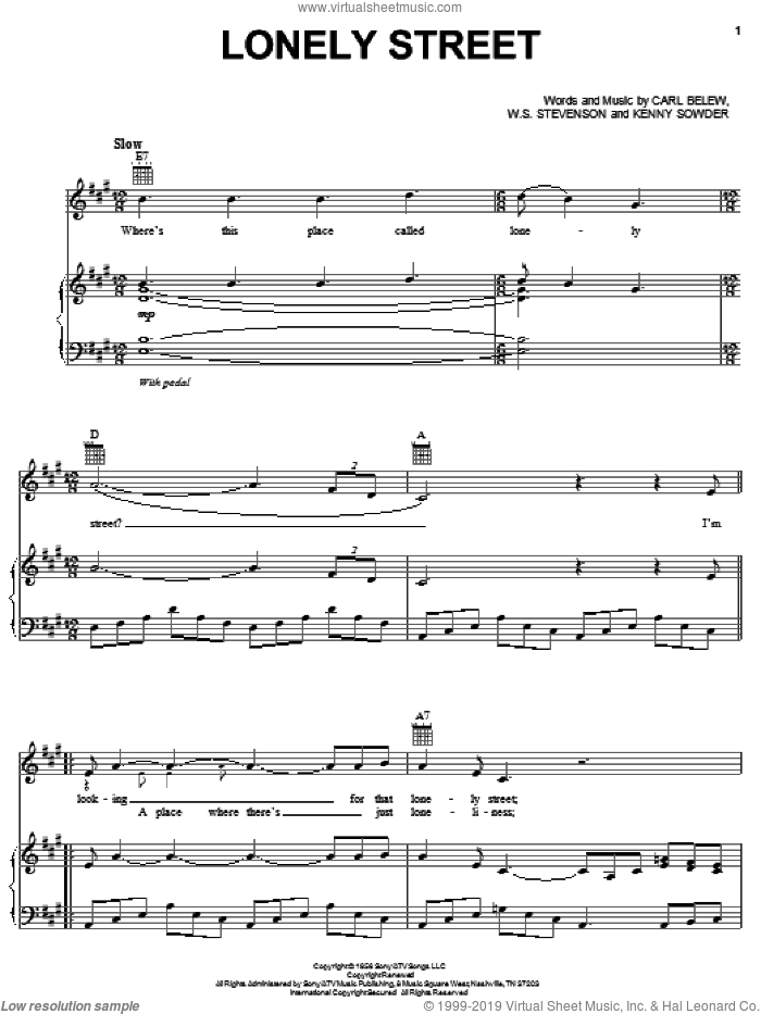 Lonely Street sheet music for voice, piano or guitar by Andy Williams, Carl Perkins, Don Gibson, George Jones, Patsy Cline, Carl Belew, Kenny Sowder and William Stevenson, intermediate skill level