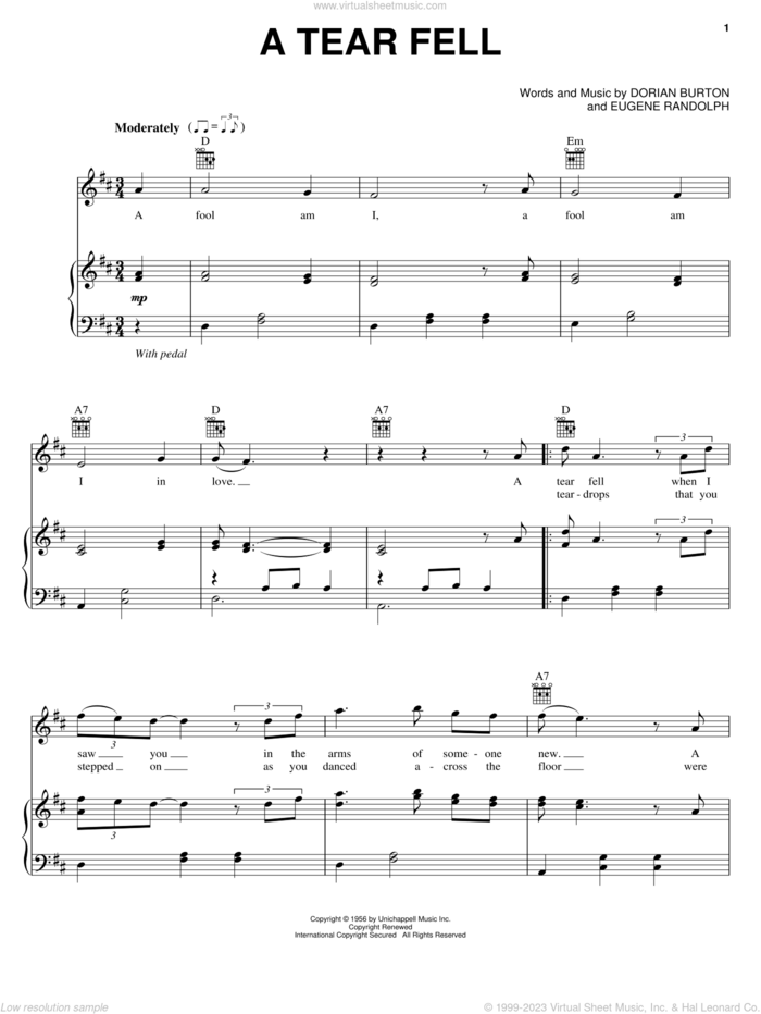 A Tear Fell sheet music for voice, piano or guitar by Teresa Brewer, The Searchers, Dorian Burton and Eugene Randolph, intermediate skill level