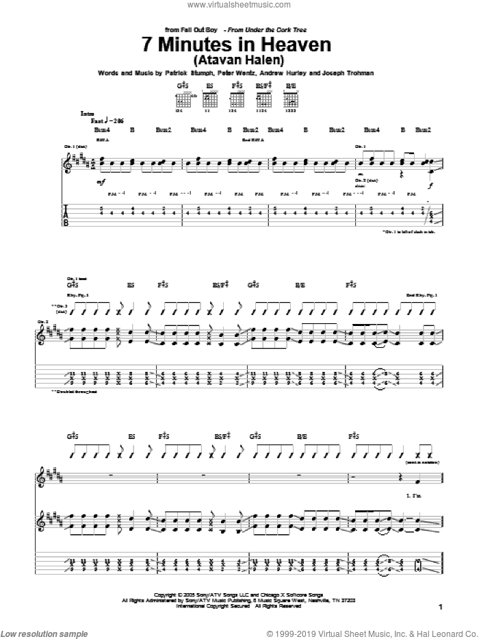 7 Minutes In Heaven (Atavan Halen) sheet music for guitar (tablature) by Fall Out Boy, Andrew Hurley, Joseph Trohman, Patrick Stumph and Peter Wentz, intermediate skill level