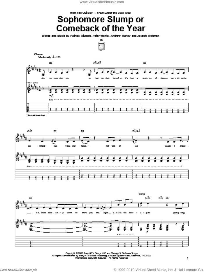 Sophomore Slump Or Comeback Of The Year sheet music for guitar (tablature) by Fall Out Boy, Andrew Hurley, Joseph Trohman, Patrick Stumph and Peter Wentz, intermediate skill level