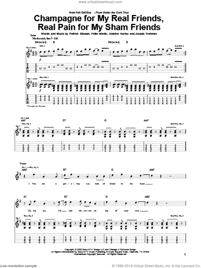 Champagne For My Real Friends, Real Pain For My Sham Friends sheet music for guitar (tablature) by Fall Out Boy, Andrew Hurley, Joseph Trohman, Patrick Stumph and Peter Wentz, intermediate skill level