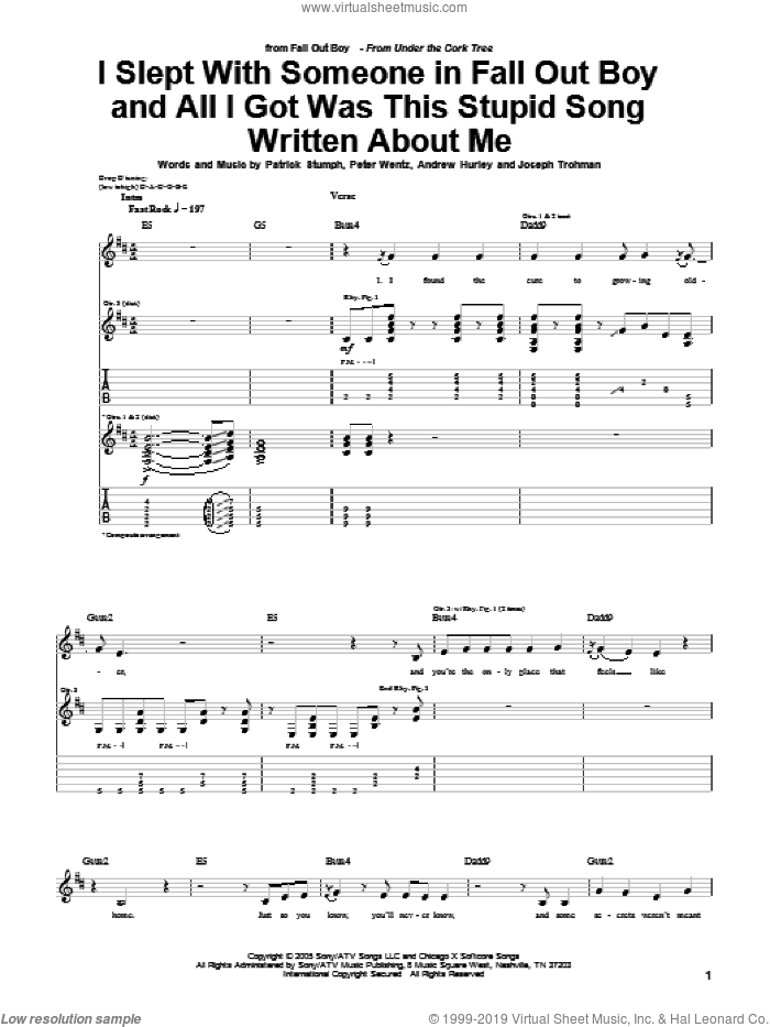 I Slept With Someone In Fall Out Boy And All I Got Was This Stupid Song Written About Me sheet music for guitar (tablature) by Fall Out Boy, Andrew Hurley, Joseph Trohman, Patrick Stumph and Peter Wentz, intermediate skill level