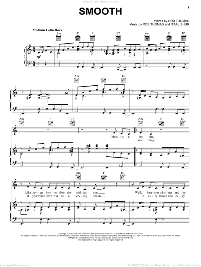 Smooth (feat. Rob Thomas) sheet music for voice, piano or guitar by Santana featuring Rob Thomas, Carlos Santana, Itaal Shur and Rob Thomas, intermediate skill level