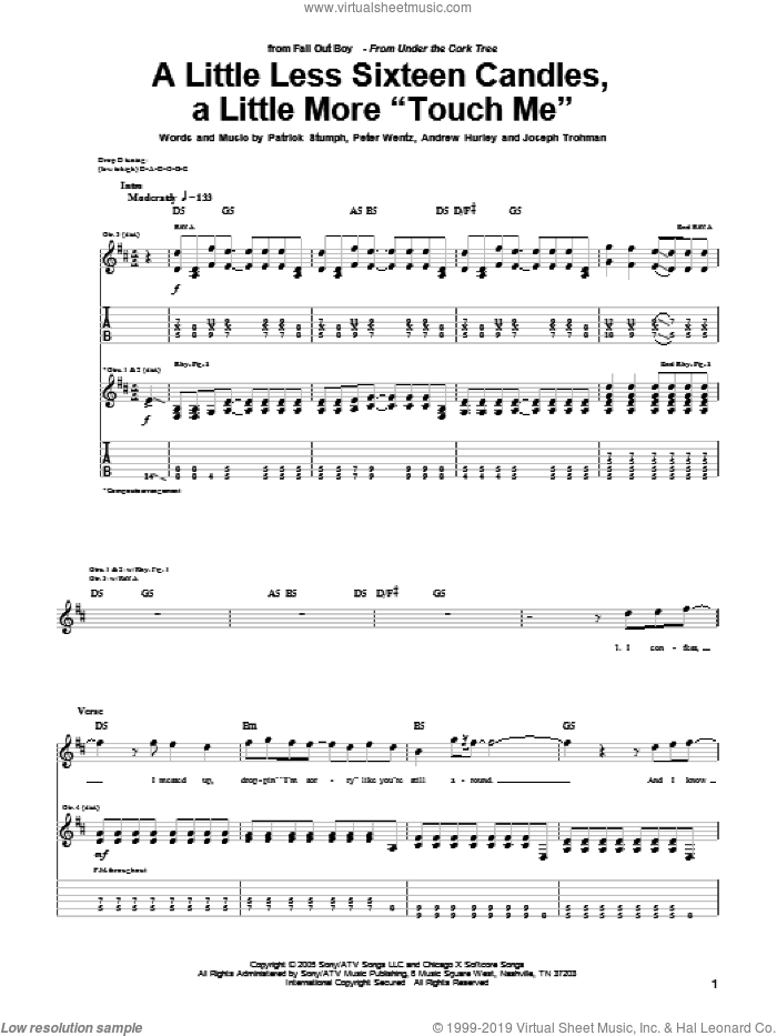 A Little Less Sixteen Candles, A Little More 'Touch Me' sheet music for guitar (tablature) by Fall Out Boy, Andrew Hurley, Joseph Trohman, Patrick Stumph and Peter Wentz, intermediate skill level