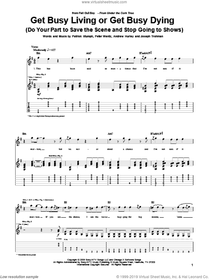 Get Busy Living Or Get Busy Dying (Do Your Part To Save The Scene And Stop Going To Shows) sheet music for guitar (tablature) by Fall Out Boy, Andrew Hurley, Joseph Trohman, Patrick Stumph and Peter Wentz, intermediate skill level