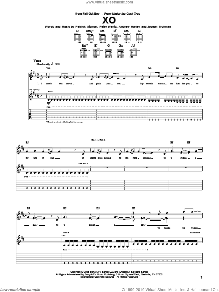 XO sheet music for guitar (tablature) by Fall Out Boy, Andrew Hurley, Joseph Trohman, Patrick Stumph and Peter Wentz, intermediate skill level