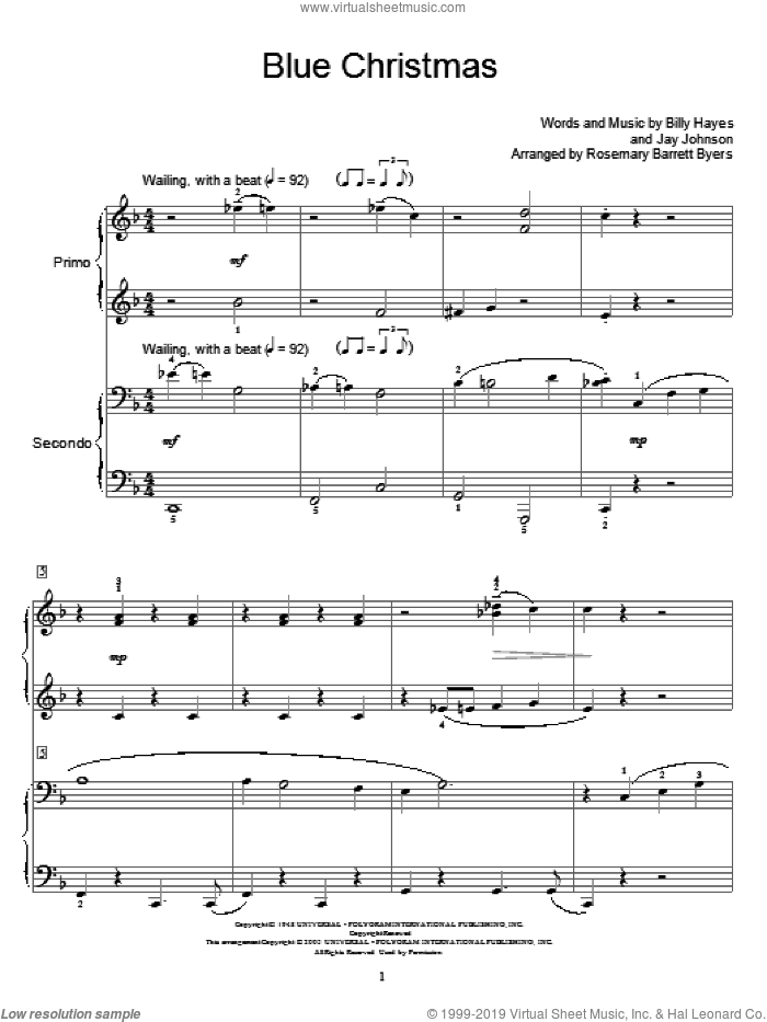 Blue Christmas sheet music for piano four hands by Elvis Presley, Miscellaneous, Billy Hayes and Jay Johnson, intermediate skill level