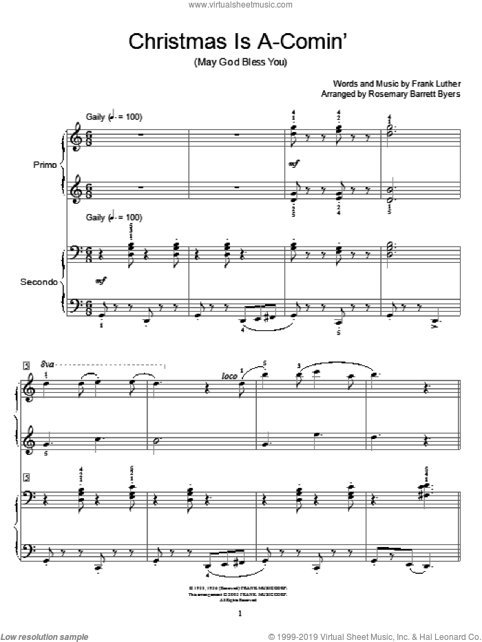 Christmas Is A-Comin' (May God Bless You) sheet music for piano four hands by Frank Luther and Miscellaneous, intermediate skill level