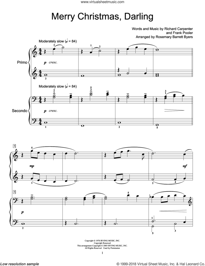 Merry Christmas, Darling sheet music for piano four hands by Carpenters, Miscellaneous, Frank Pooler and Richard Carpenter, intermediate skill level