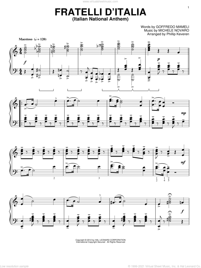 Italian National Anthem (Fratelli d'Italia) (arr. Phillip Keveren) sheet music for piano solo by Michele Novaro, Phillip Keveren and Goffredo Mameli, classical score, intermediate skill level