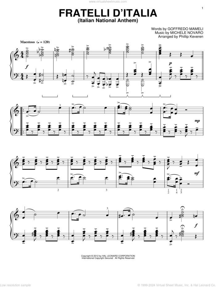 Italian National Anthem (Fratelli d'Italia) (arr. Phillip Keveren) sheet music for piano solo by Michele Novaro, Phillip Keveren and Goffredo Mameli, classical score, intermediate skill level