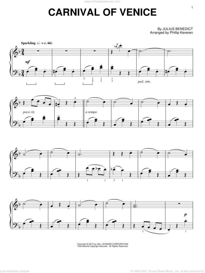 Carnival Of Venice (arr. Phillip Keveren) sheet music for piano solo by Julius Benedict and Phillip Keveren, classical score, intermediate skill level