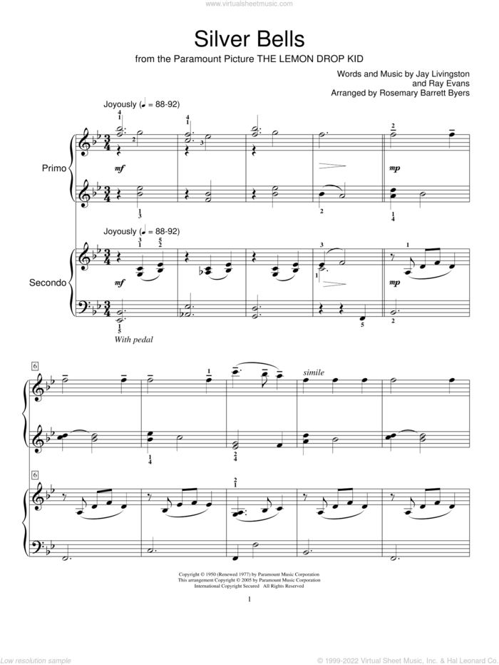 Silver Bells sheet music for piano four hands by Jay Livingston, Miscellaneous and Ray Evans, intermediate skill level
