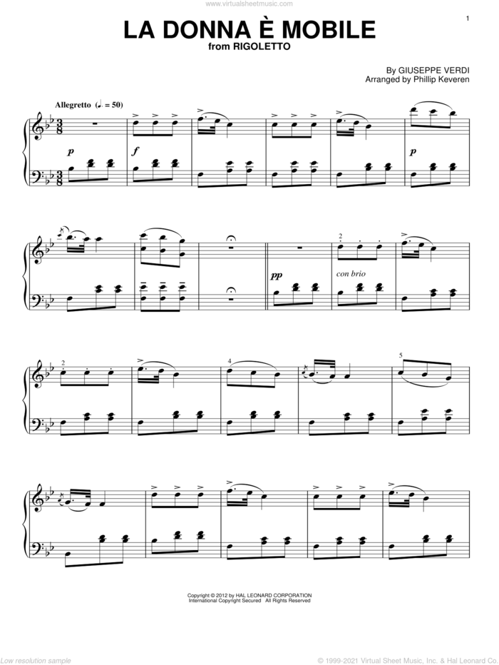 La donna e mobile (arr. Phillip Keveren) sheet music for piano solo by Giuseppe Verdi and Phillip Keveren, classical score, intermediate skill level