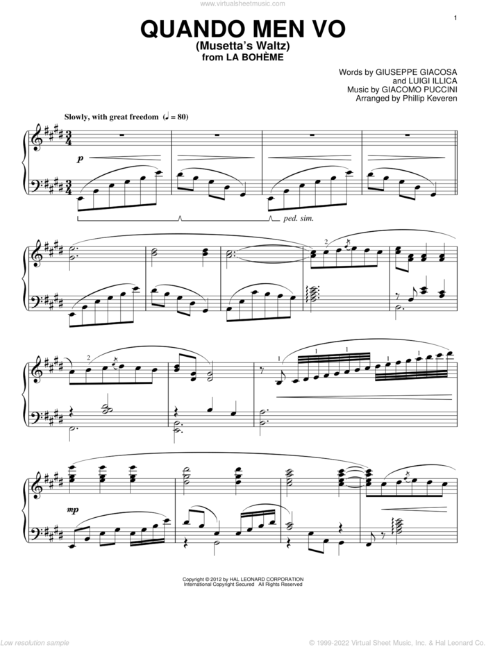 Musetta's Waltz (Quando Men Vo) (arr. Phillip Keveren) sheet music for piano solo by Giacomo Puccini, Phillip Keveren, Giuseppe Giacosa and Luigi Illica, classical score, intermediate skill level