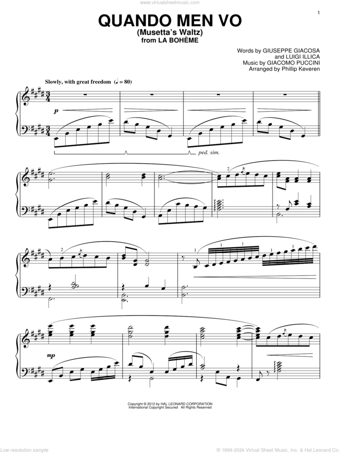 Musetta's Waltz (Quando Men Vo) (arr. Phillip Keveren) sheet music for piano solo by Giacomo Puccini, Phillip Keveren, Giuseppe Giacosa and Luigi Illica, classical score, intermediate skill level