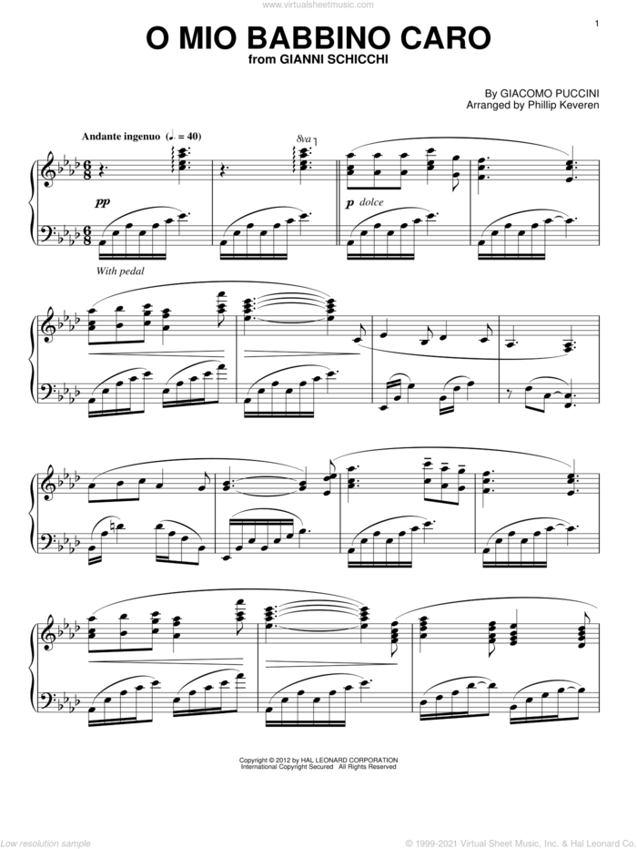 O Mio Babbino Caro (arr. Phillip Keveren) sheet music for piano solo by Giacomo Puccini and Phillip Keveren, classical score, intermediate skill level