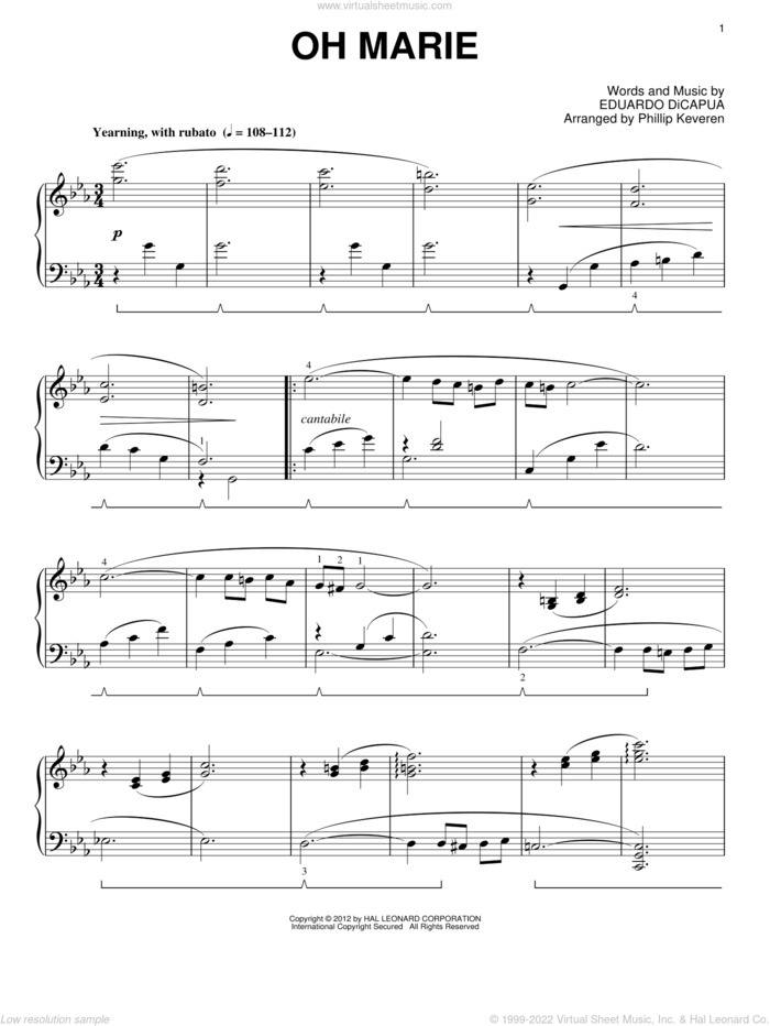 Oh Marie (arr. Phillip Keveren) sheet music for piano solo by Eduardo di Capua and Phillip Keveren, classical score, intermediate skill level